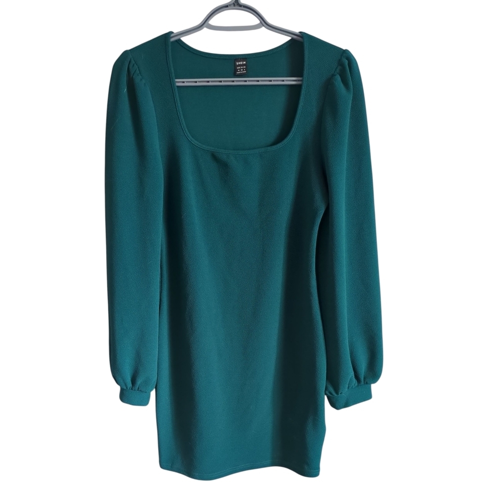 Shein Marley Square‎ Neck Balloon Sleeve Mini Dress in Emerald Green Sz M